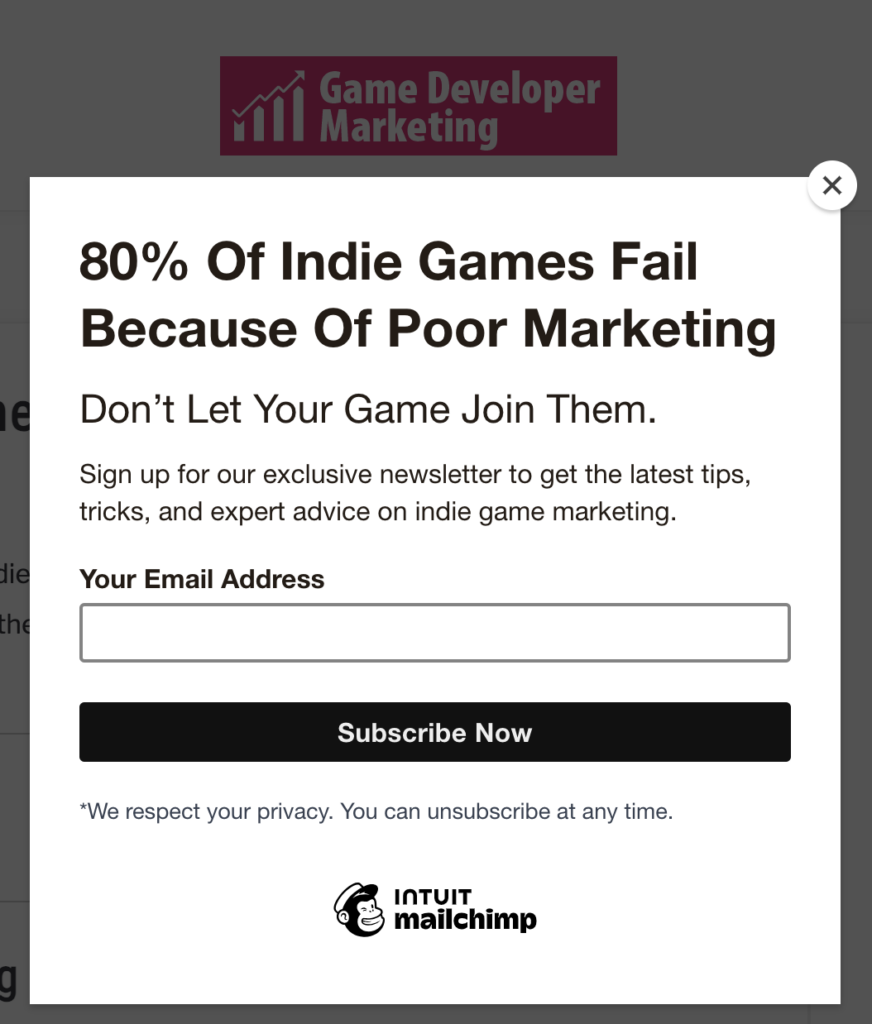 Email signup form exit popup on the Game Developer Marketing website