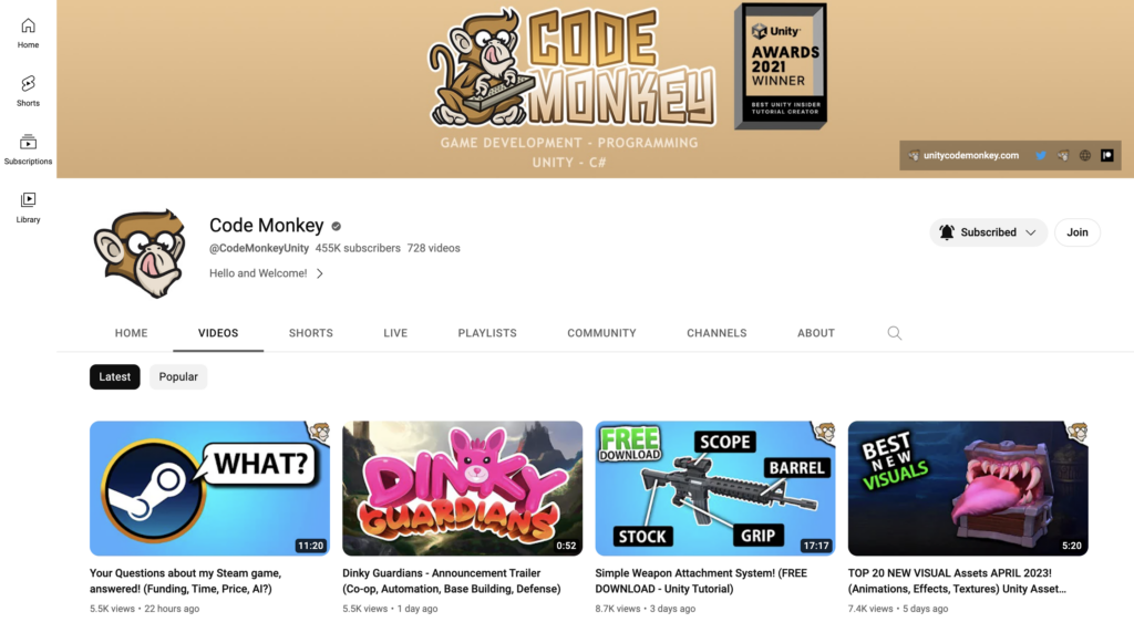 Code Monkey Youtube video tutorials for game developers with Unity engine