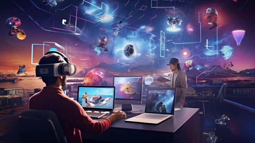 a futuristic scene depicting visions of video game development