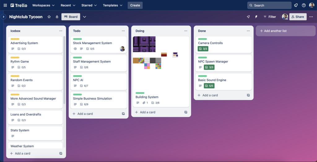 A Trello board with lists of tasks for a game in development